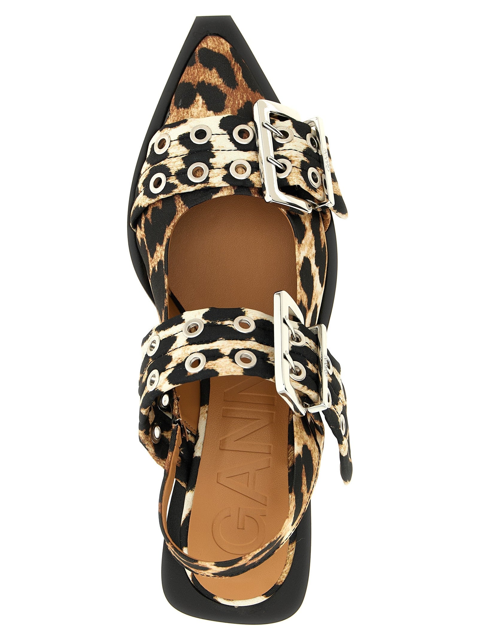 Ganni Leopard Satin Feminine Buckle Slingback Gold