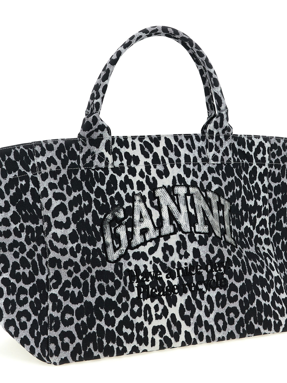 Ganni Leopard Sequin Xxl Tote Shopping Bag Grey, view 3
