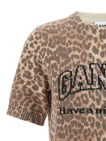 Ganni Leopard Wool Mix Shirt Brown