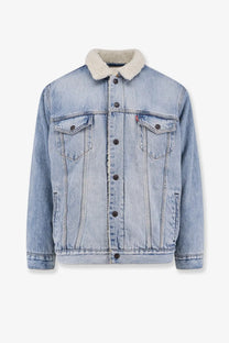 Levis men’s light-wash denim jacket with plush white shearling collar black buttons and classic chest pockets