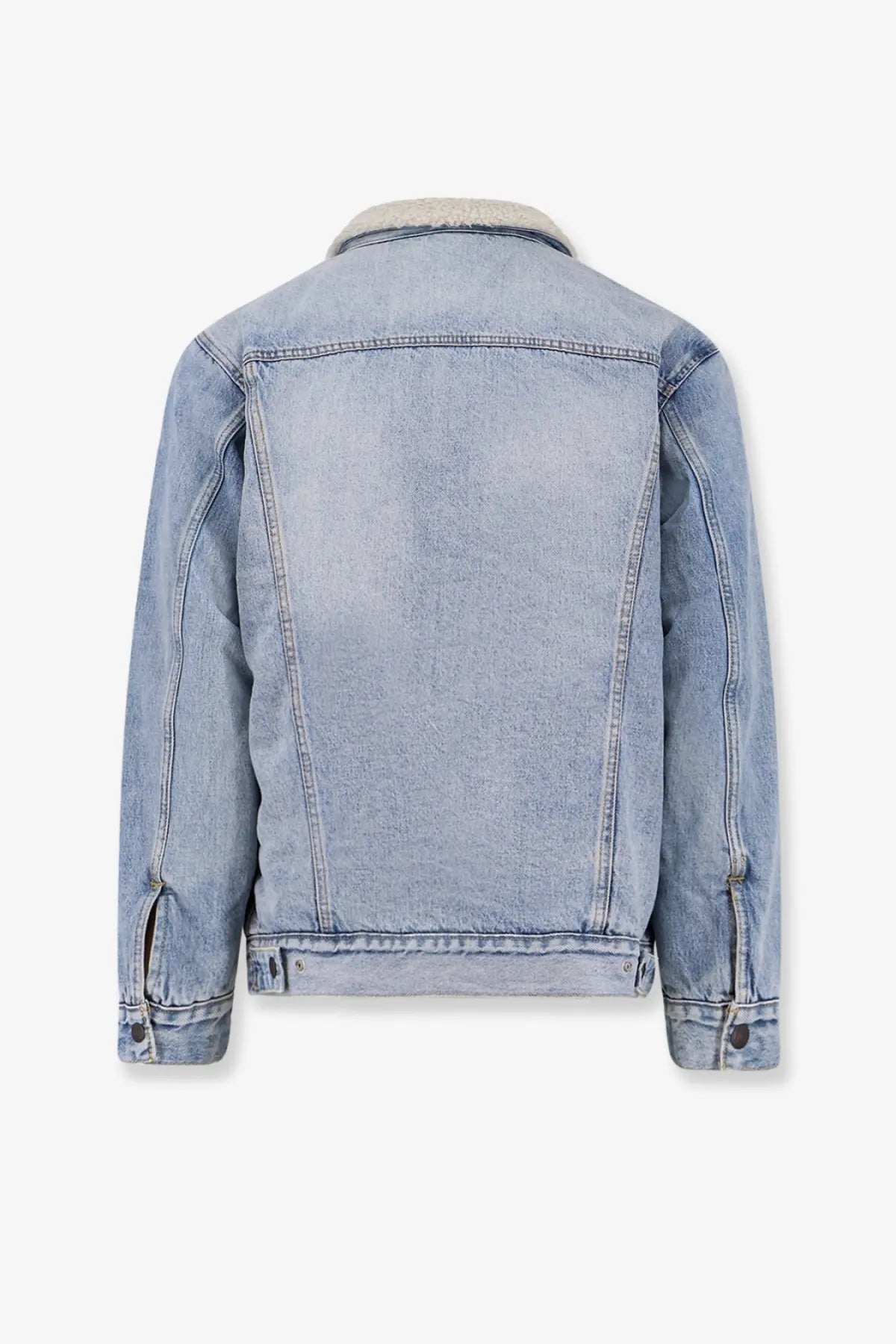 Levis men’s light-wash denim jacket with a soft cream-colored shearling collar and classic blue denim material