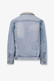 Levis men’s light-wash denim jacket with a soft cream-colored shearling collar and classic blue denim material