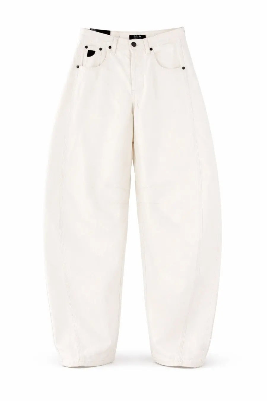 Lois Jeans women’s high-waisted wide-leg white jeans with black stitching and button details front view