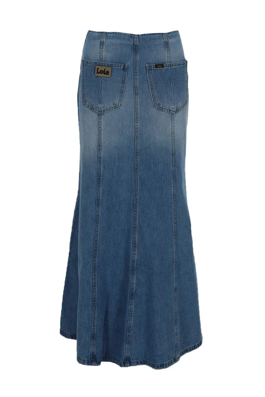 Back view of lois jeans women’s medium-wash denim maxi skirt rohan blue with flared hem and branded leather patch pockets