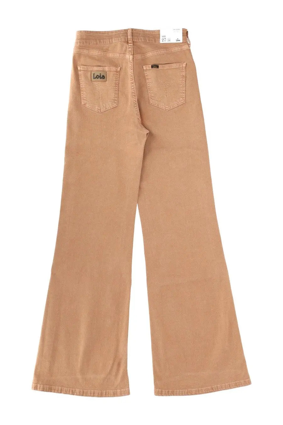 Back view of tan wide-leg denim jeans with classic pockets and lola brand label in lois jeans women palas beige