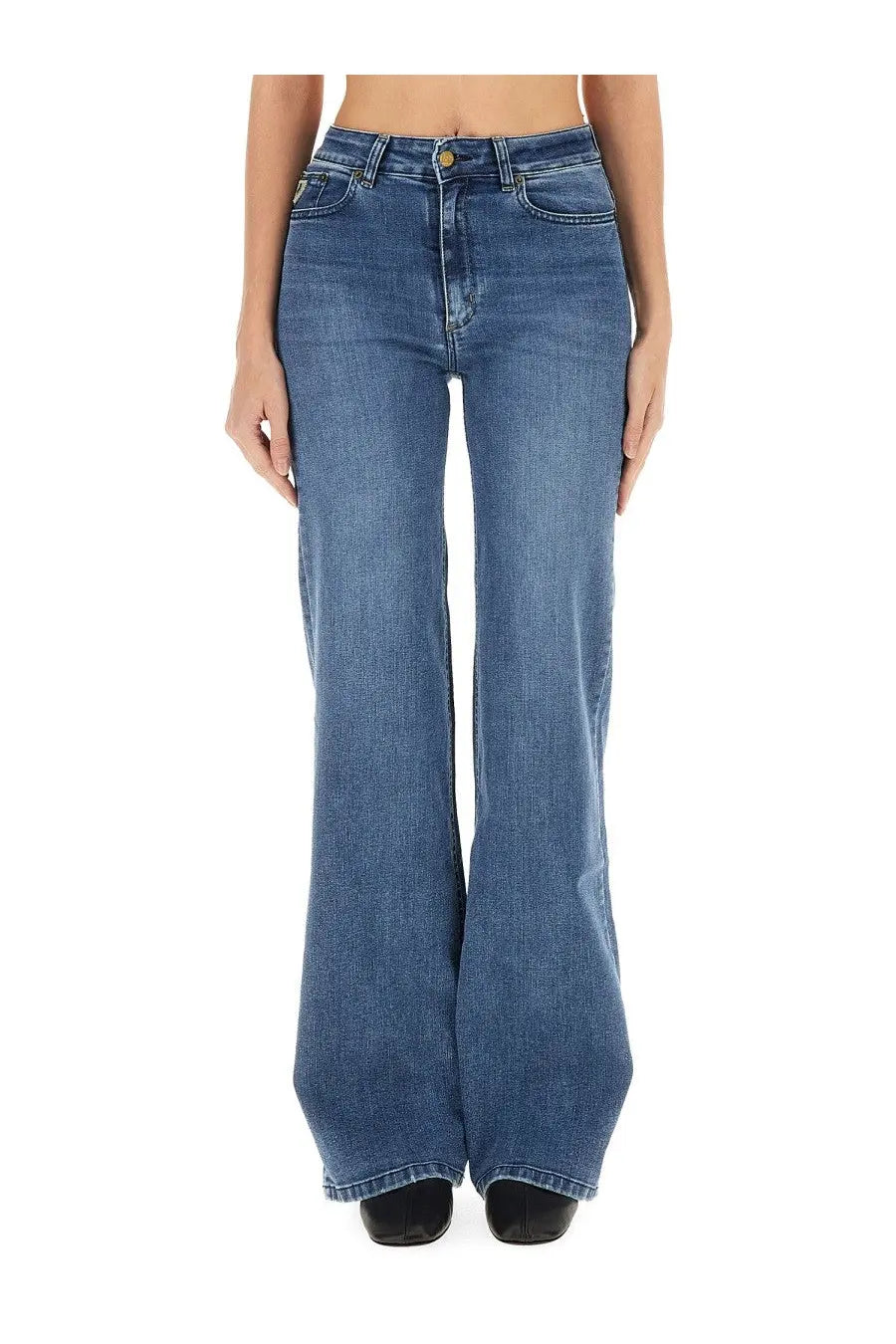 Lois jeans women’s blue denim high waisted flared palazzo pants with classic button closure and visible stitching