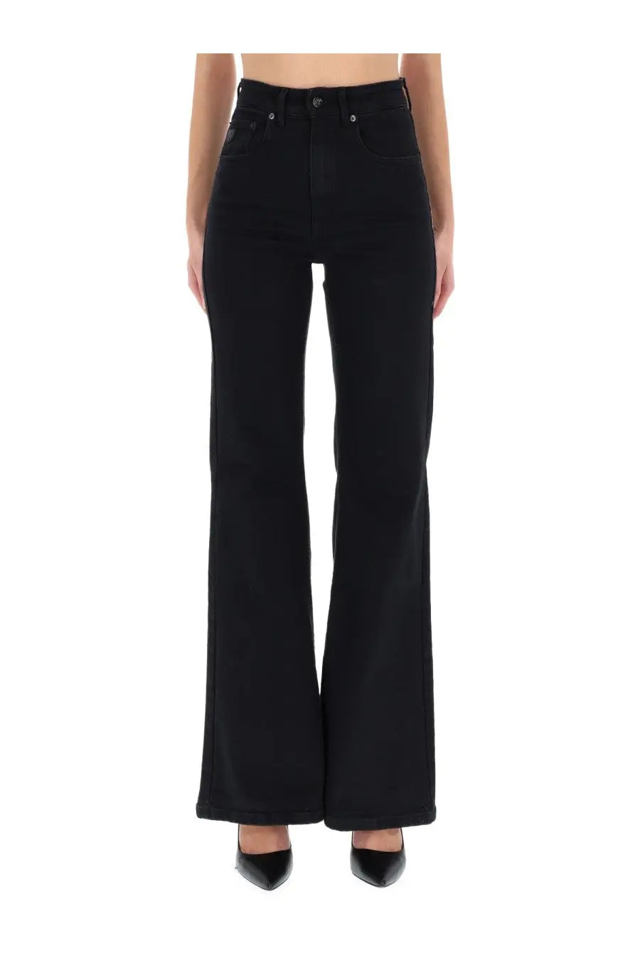 Lois Jeans women’s black high-waisted flared denim pants with straight-leg cut and classic five-pocket design