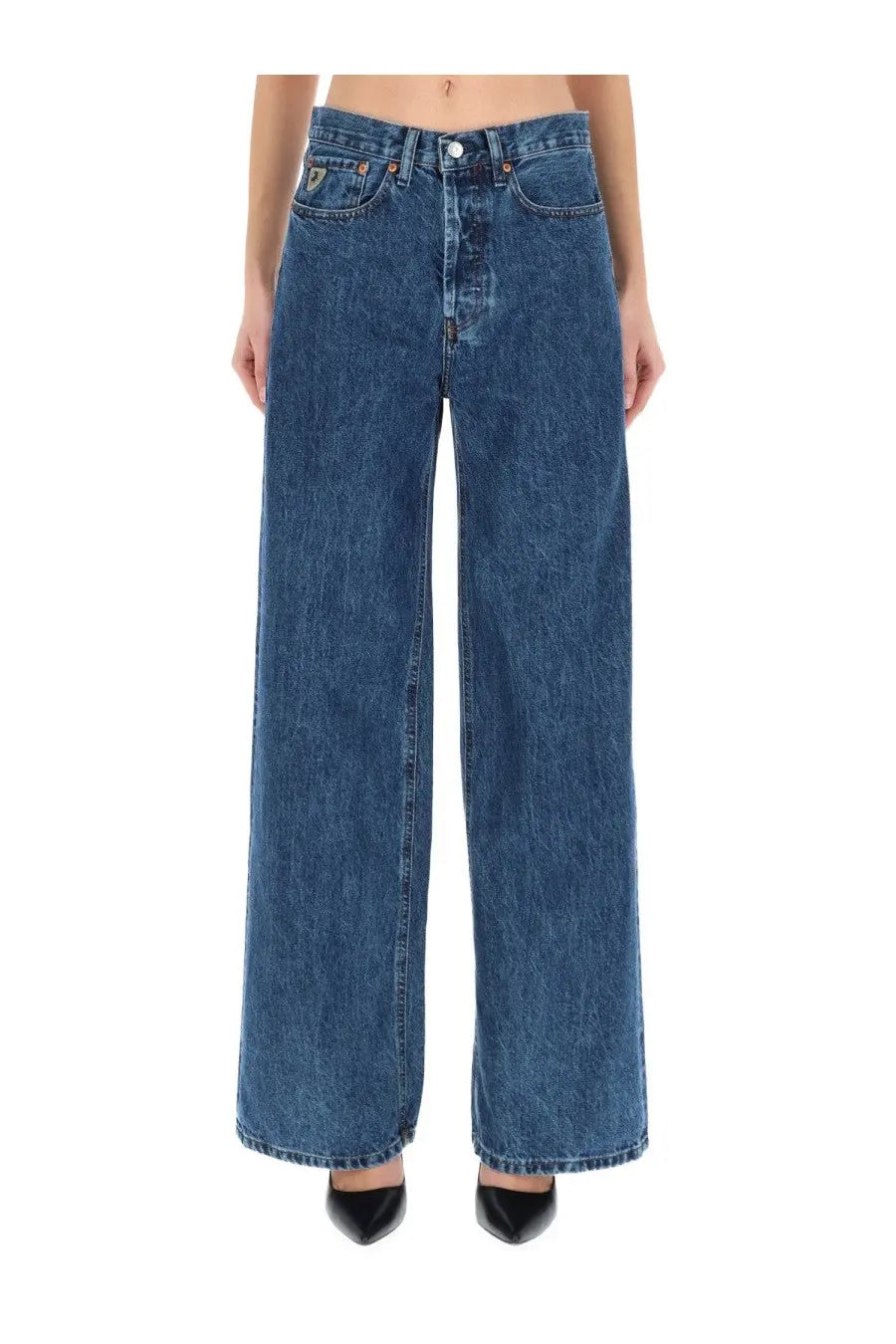 Back view of blue denim wide-leg lois jeans women’s skater loose jeans with five-pocket design and brand patch