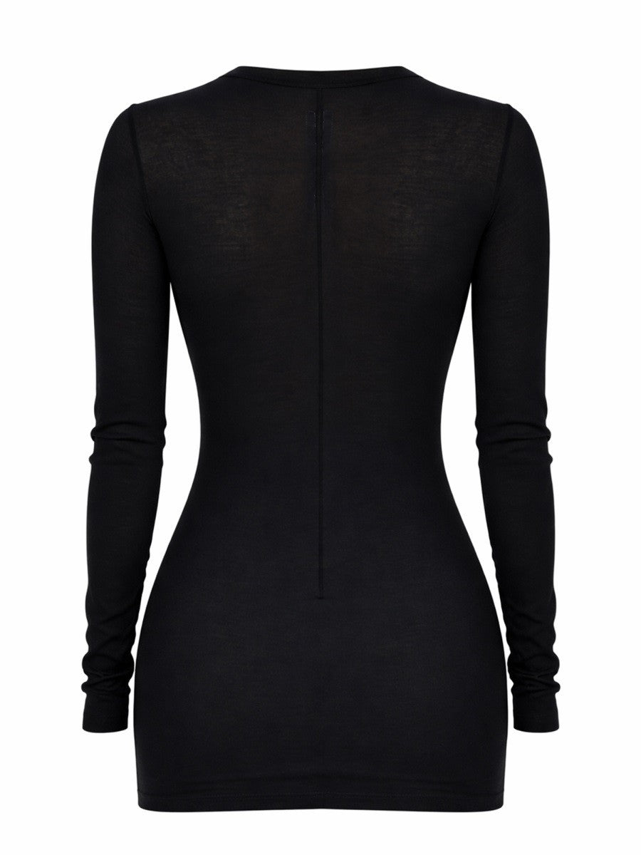 Black long sleeved fitted dress by rick owens with subtle sheer back panel and central zipper shown from the back