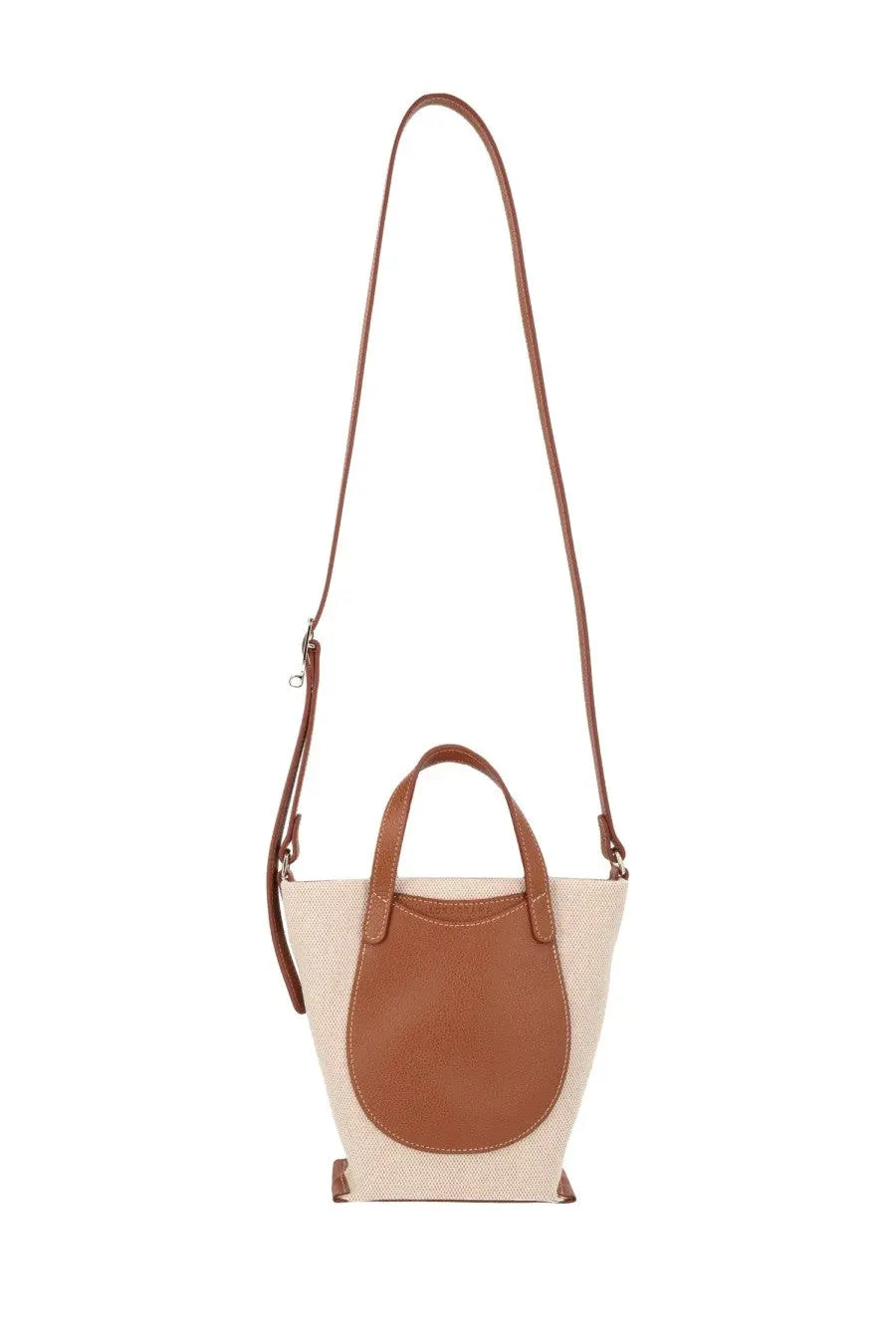 Longchamp women’s accomplice bag brown beige and tan leather crossbody bucket bag with textured canvas and brown leather strap