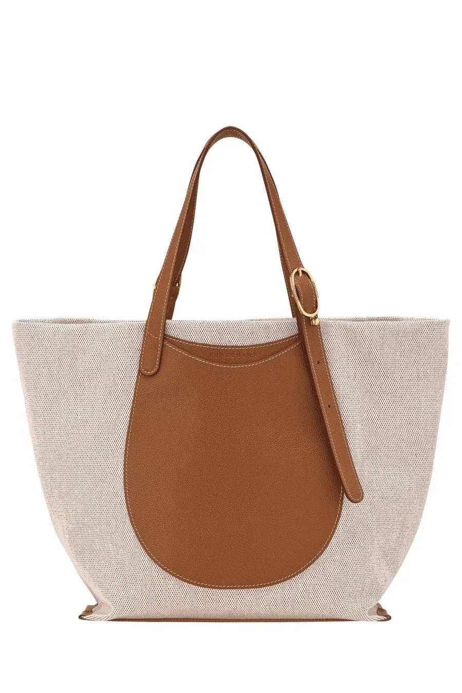 Beige canvas Longchamp women’s accomplice shopping bag with tan leather front panel and matching handles brown