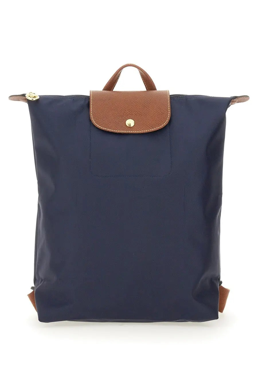 Navy blue longchamp le pliage original medium women’s backpack with brown leather accents and gold-tone hardware