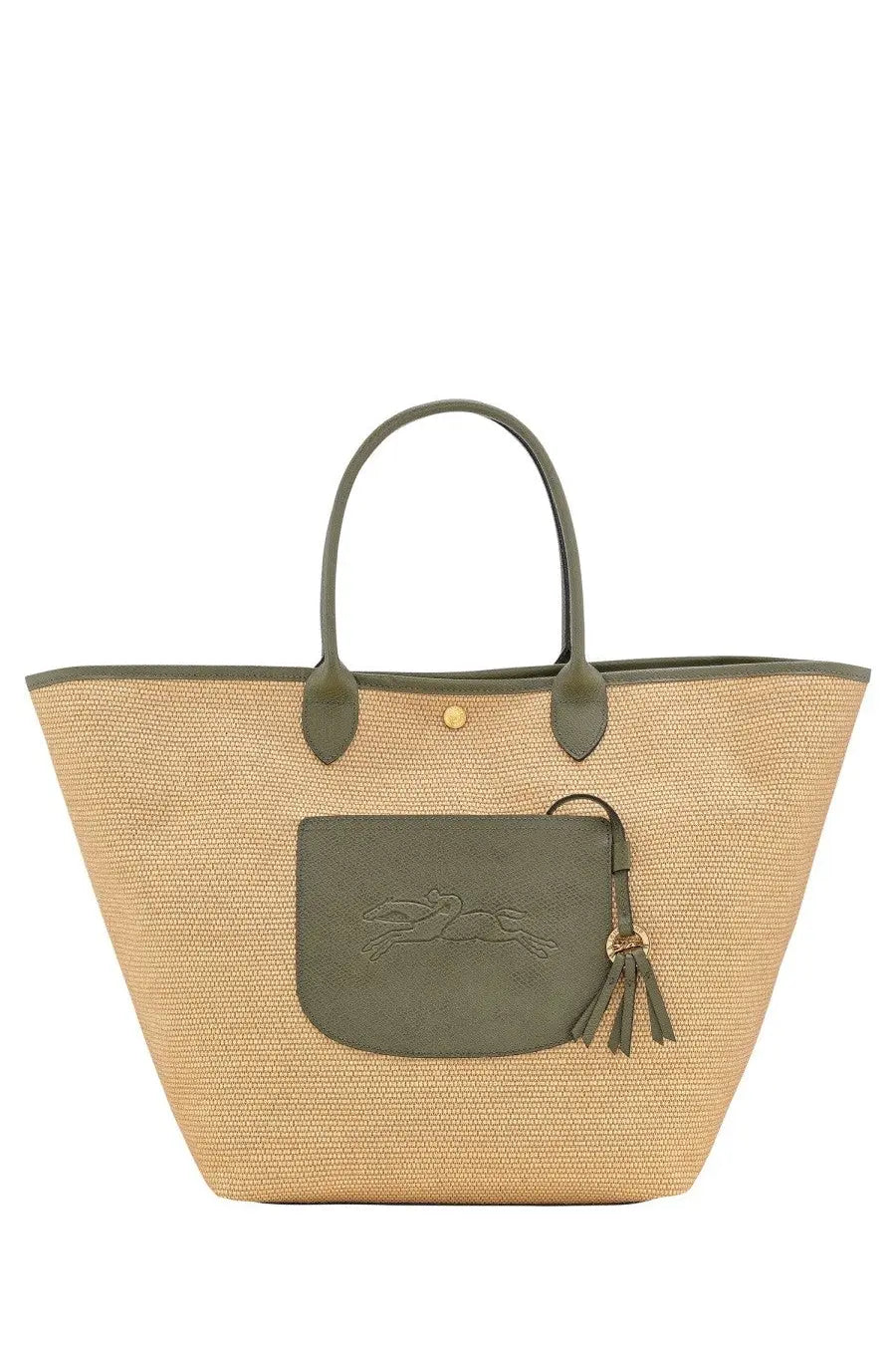Longchamp women’s basket bag la pliage green with olive green leather patch embossed horse logo and tassel detail on straw tote