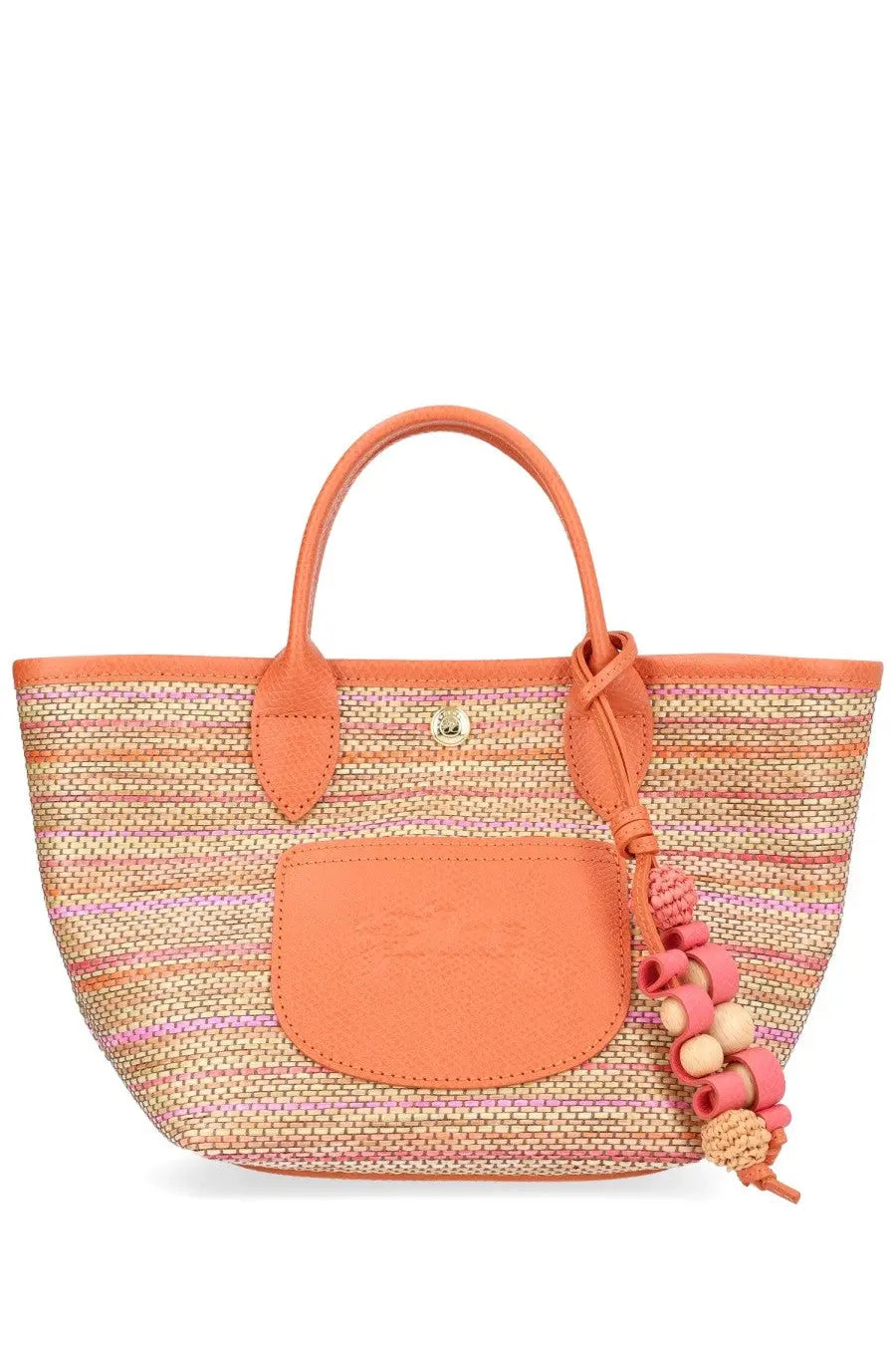 Longchamp women’s borsa cesta le pliage collection yellow coral woven tote bag with leather handle and beaded tassel