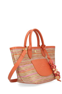 Longchamp women’s borsa cesta le pliage collection yellow vibrant orange and pink woven tote with leather handles and wooden beads