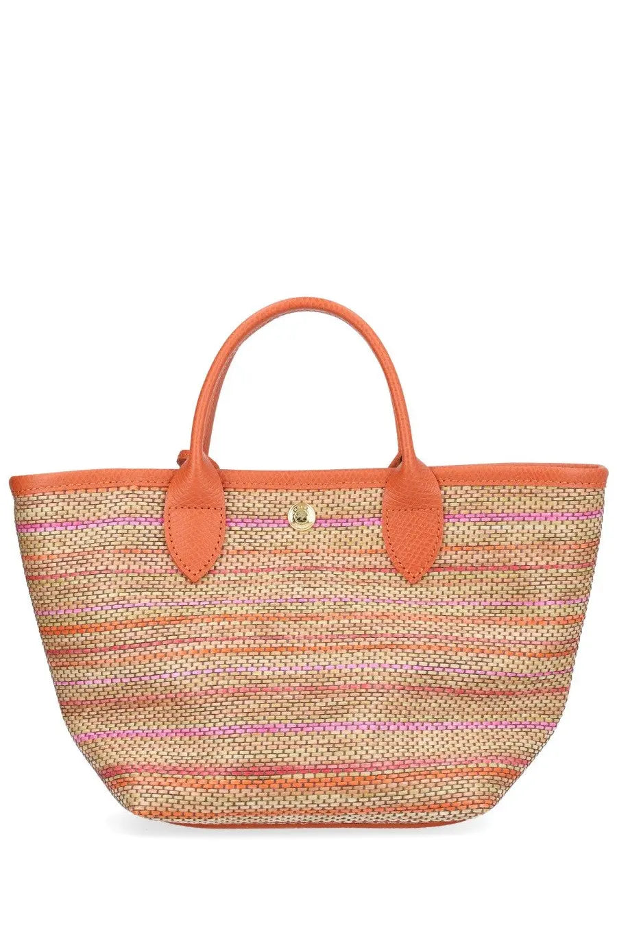 Longchamp women’s borsa cesta woven tote bag with orange pink and beige stripes and orange leather handles and trim
