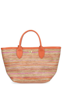 Longchamp women’s borsa cesta woven tote bag with orange pink and beige stripes and orange leather handles and trim
