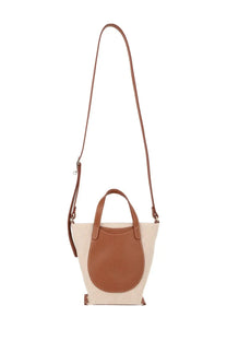 Longchamp womens borsa complice brown beige and tan leather crossbody bucket bag with textured canvas body and brown handles