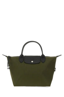 Longchamp women’s borsa con manico le pliage xtra brown tote bag in olive green with black leather handles and silver logo clasp