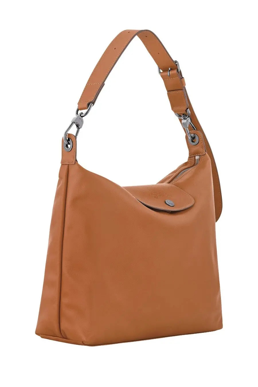 Longchamp women’s borsa hobo le pliage xtra beige tan leather bag with silver hardware and signature flap closure