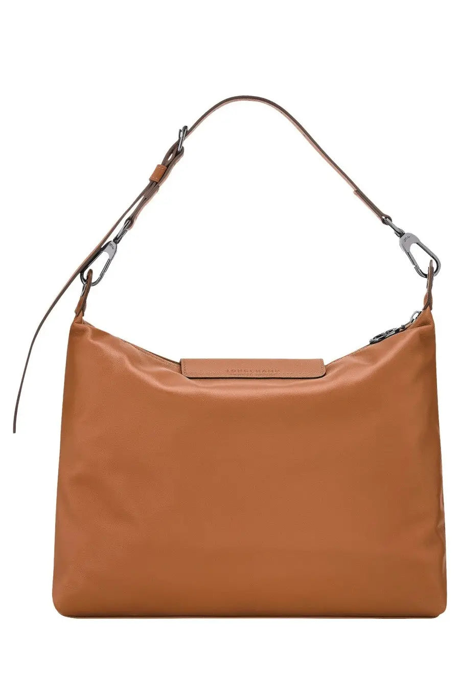 Longchamp women’s borsa hobo leather shoulder bag in tan with minimalist design and silver toned hardware