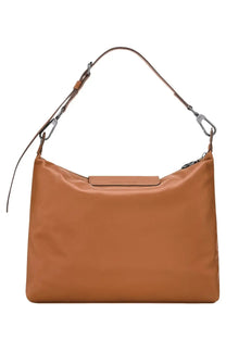 Longchamp women’s borsa hobo leather shoulder bag in tan with minimalist design and silver toned hardware