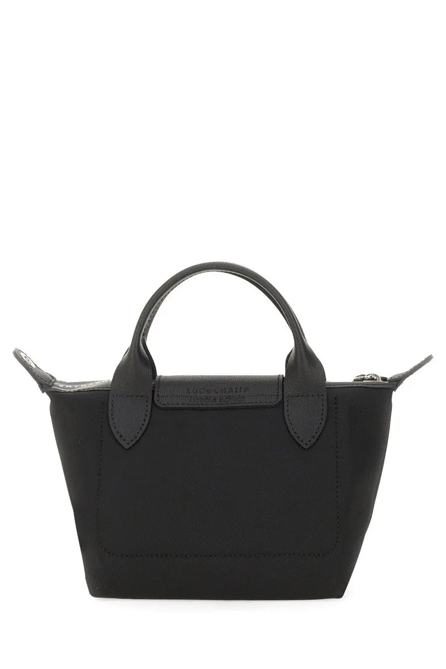 Black Longchamp le pliage mini handbag with structured silhouette and signature top handle in nylon and leather