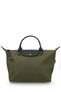 Longchamp women’s borsa le pliage energy large olive green tote bag with black leather handles and flap