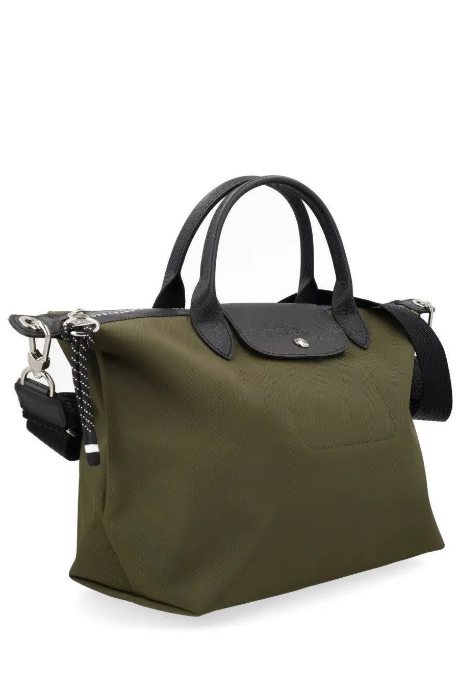 Longchamp women’s borsa le pliage energy large olive green handbag with black leather handles and trim
