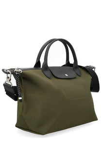 Longchamp women’s borsa le pliage energy large olive green handbag with black leather handles and trim