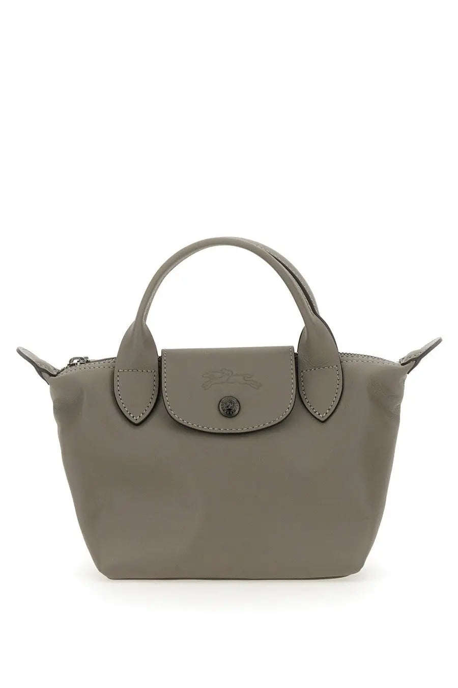 Gray Longchamp le pliage mini handbag with structured design and signature flap closure in beige color