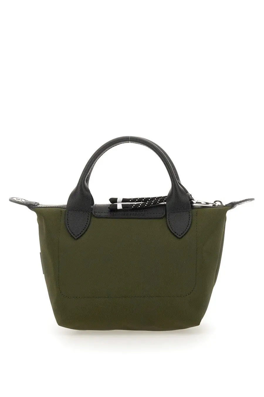 Olive green Longchamp Le Pliage mini handbag with black leather handles and trim in Longchamp women’s Borsa LE Pliage Energy brown line