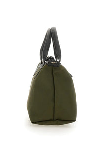 Longchamp women’s borsa le pliage energy mini brown olive green canvas tote bag with dark gray leather handles and black clasp