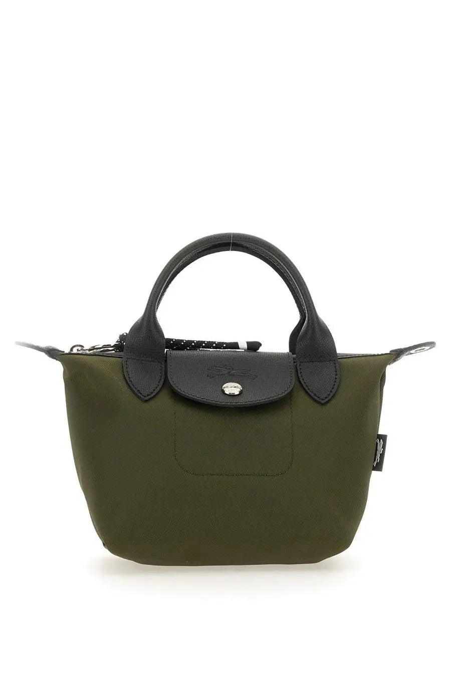 Longchamp women’s olive green le pliage mini handbag with black leather handles and flap in brown energy style