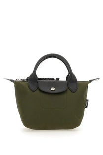 Longchamp women’s olive green le pliage mini handbag with black leather handles and flap in brown energy style