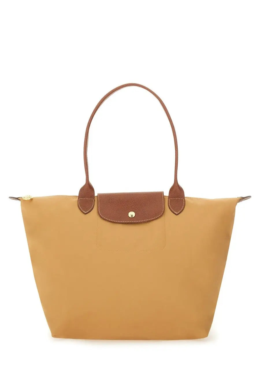 Tan longchamp le pliage large tote bag in beige with brown leather handles and matching flap closure