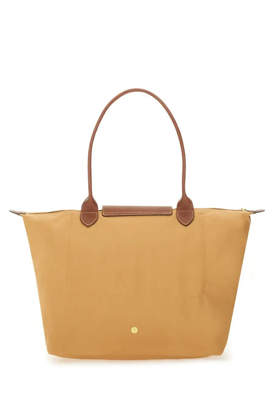 Longchamp women’s borsa le pliage large beige tote bag in tan with brown leather handles and gold-tone logo
