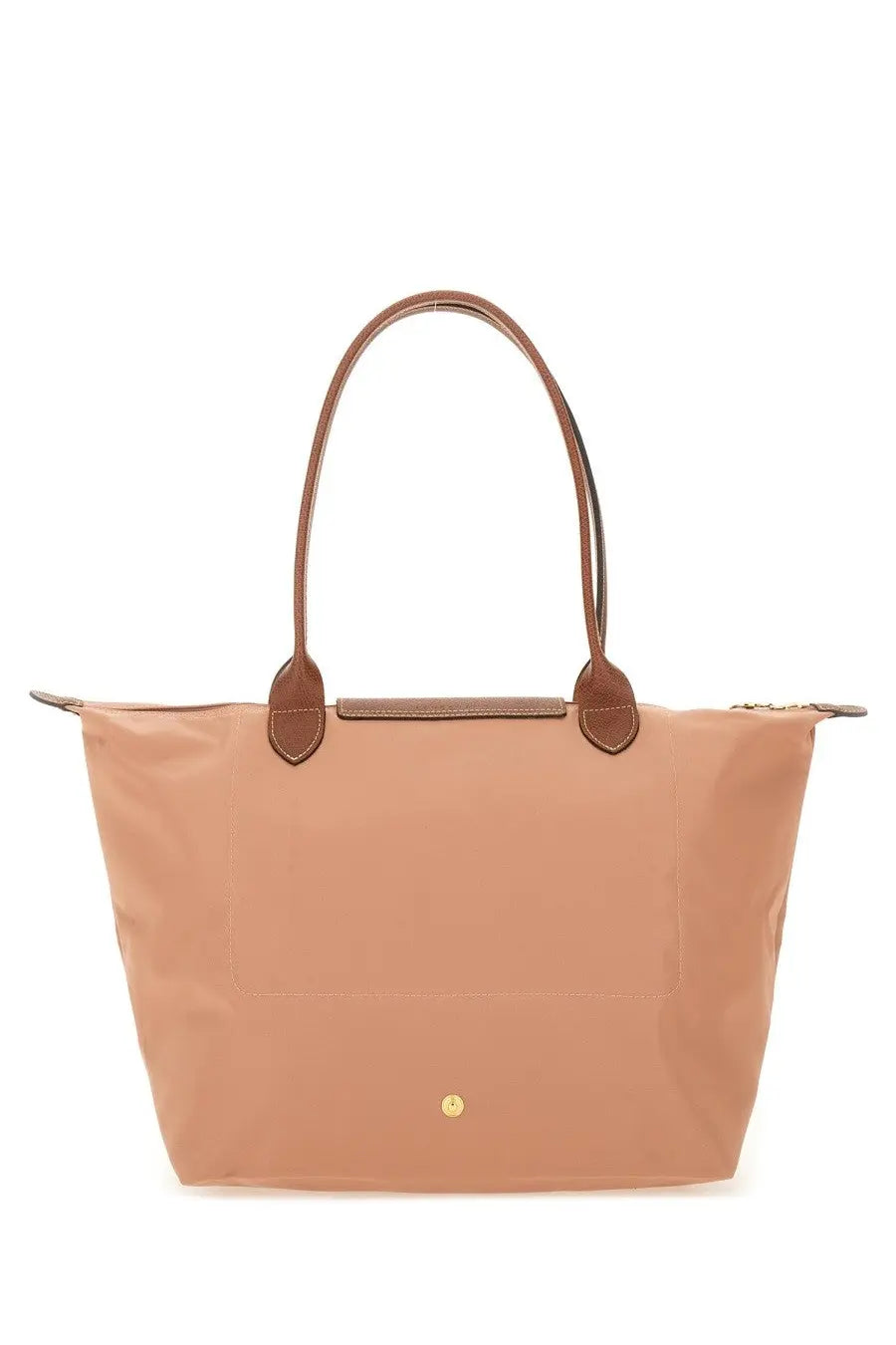 Beige Longchamp Le Pliage tote bag with brown leather handles and gold-tone logo in a Longchamp women’s large blue collection
