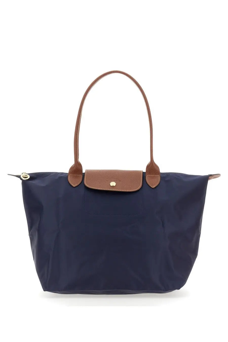 Navy blue longchamp le pliage large tote bag with brown leather handles and flap for women