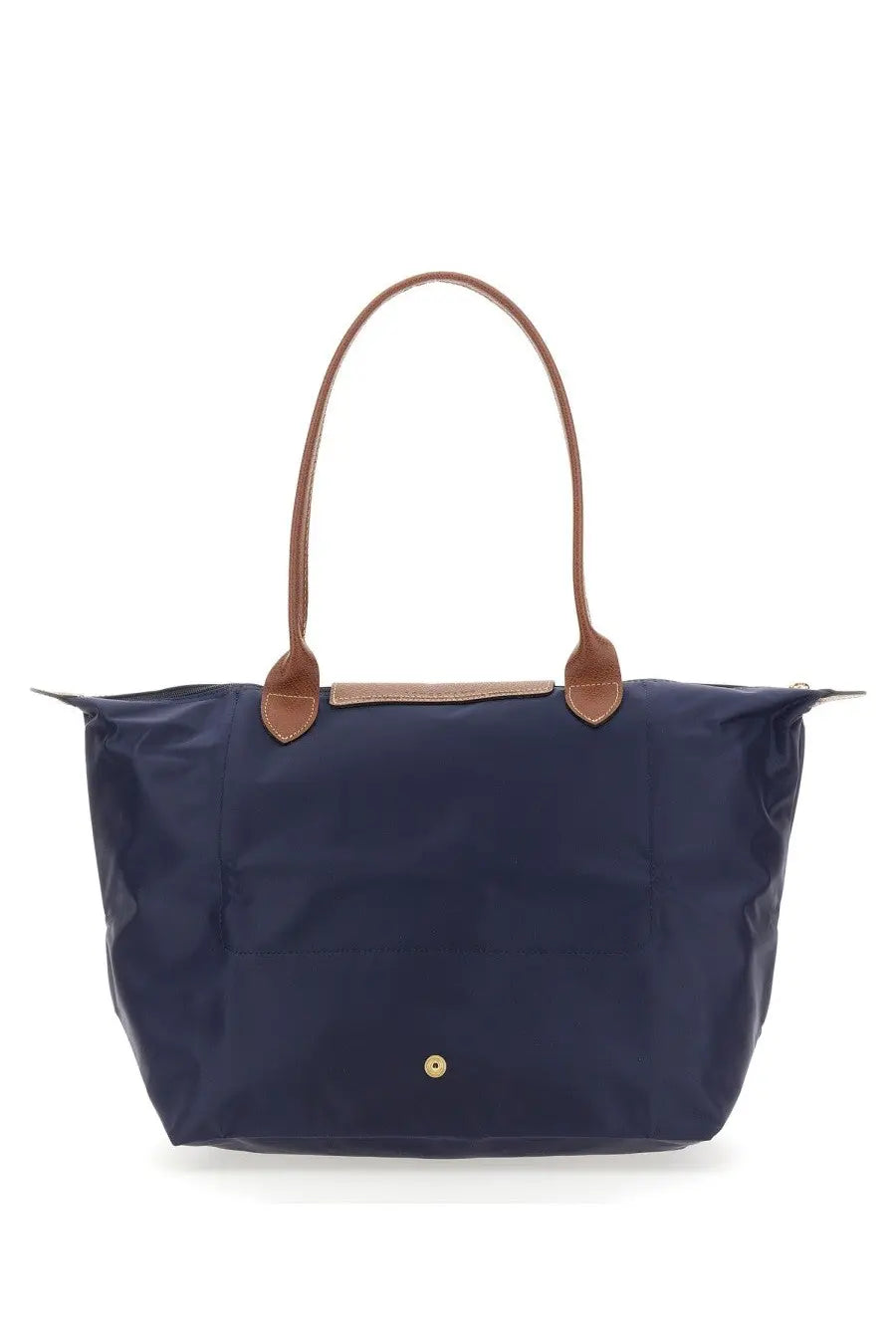 Navy blue longchamp le pliage large tote bag with brown leather handles and gold-tone logo button for women