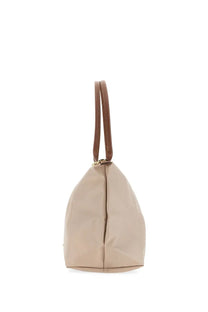 Longchamp women’s borsa le pliage large beige nylon tote bag with brown leather handles and gold tone hardware