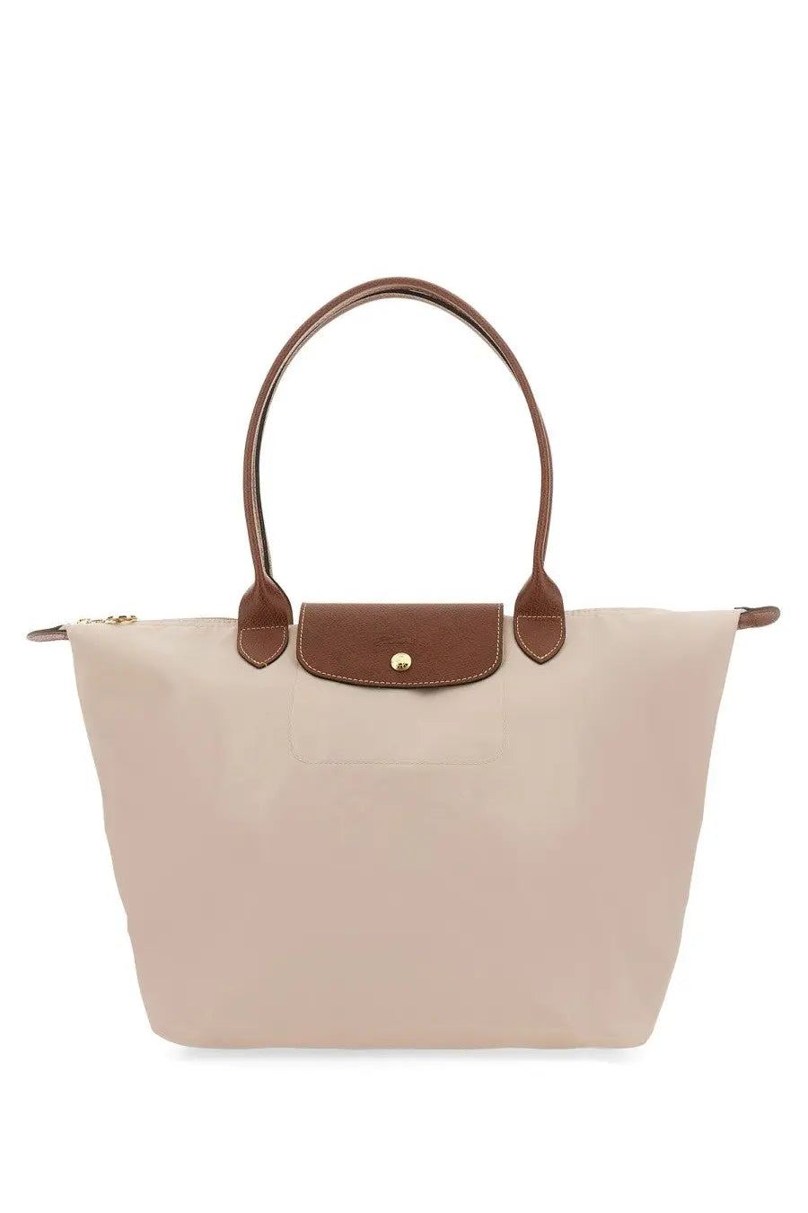 Beige longchamp le pliage large tote bag with brown leather handles and matching flap closure for women