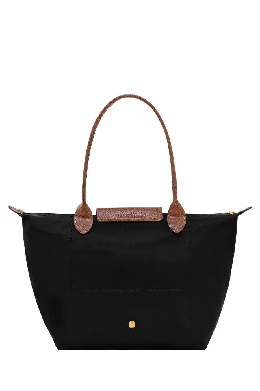Longchamp women’s le pliage medium black tote bag with brown leather handles and gold-tone metal clasp