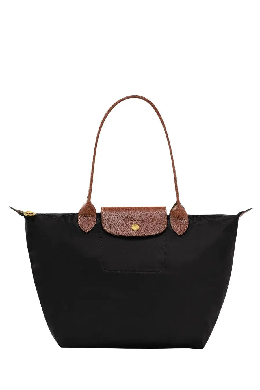 Longchamp women’s borsa le pliage medium black tote bag with brown leather handles and gold tone hardware