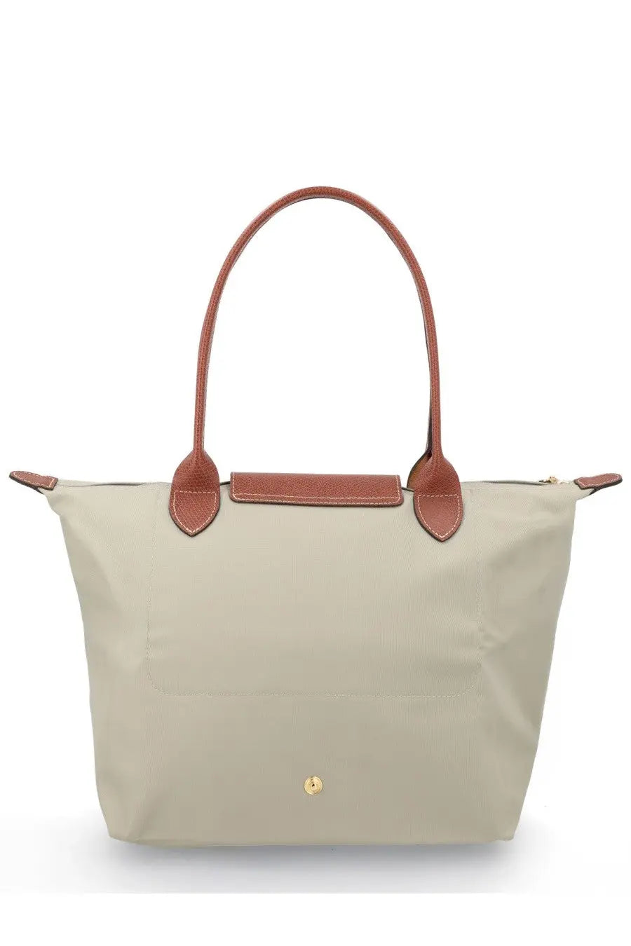 Beige Longchamp Le Pliage tote bag with brown leather handles and trim shown from the front in medium grey style