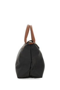 Longchamp women’s borsa le pliage small black tote bag with brown leather handles and zipper closure