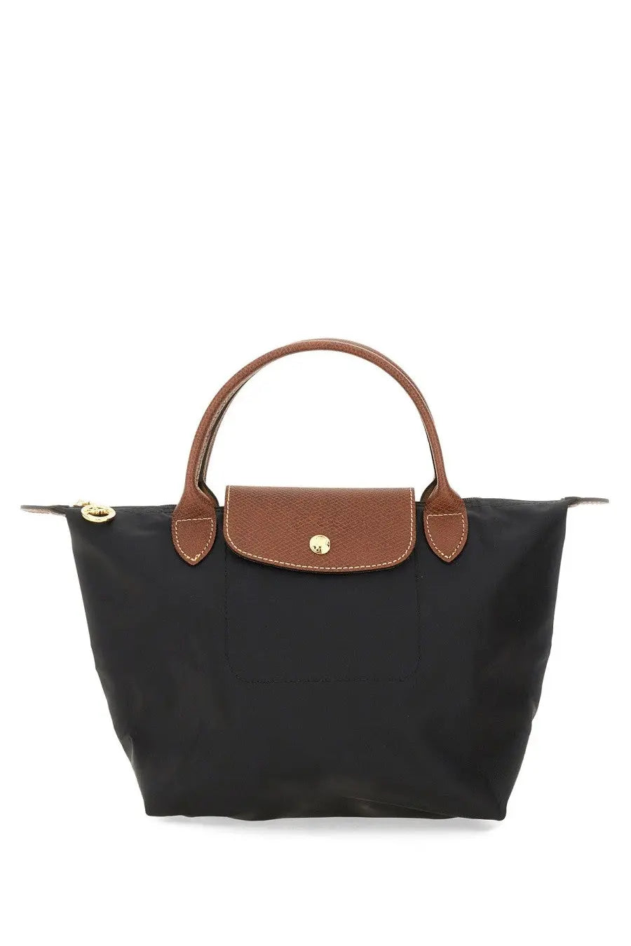 Longchamp women’s borsa le pliage small black tote bag with brown leather handles flap and gold-tone hardware