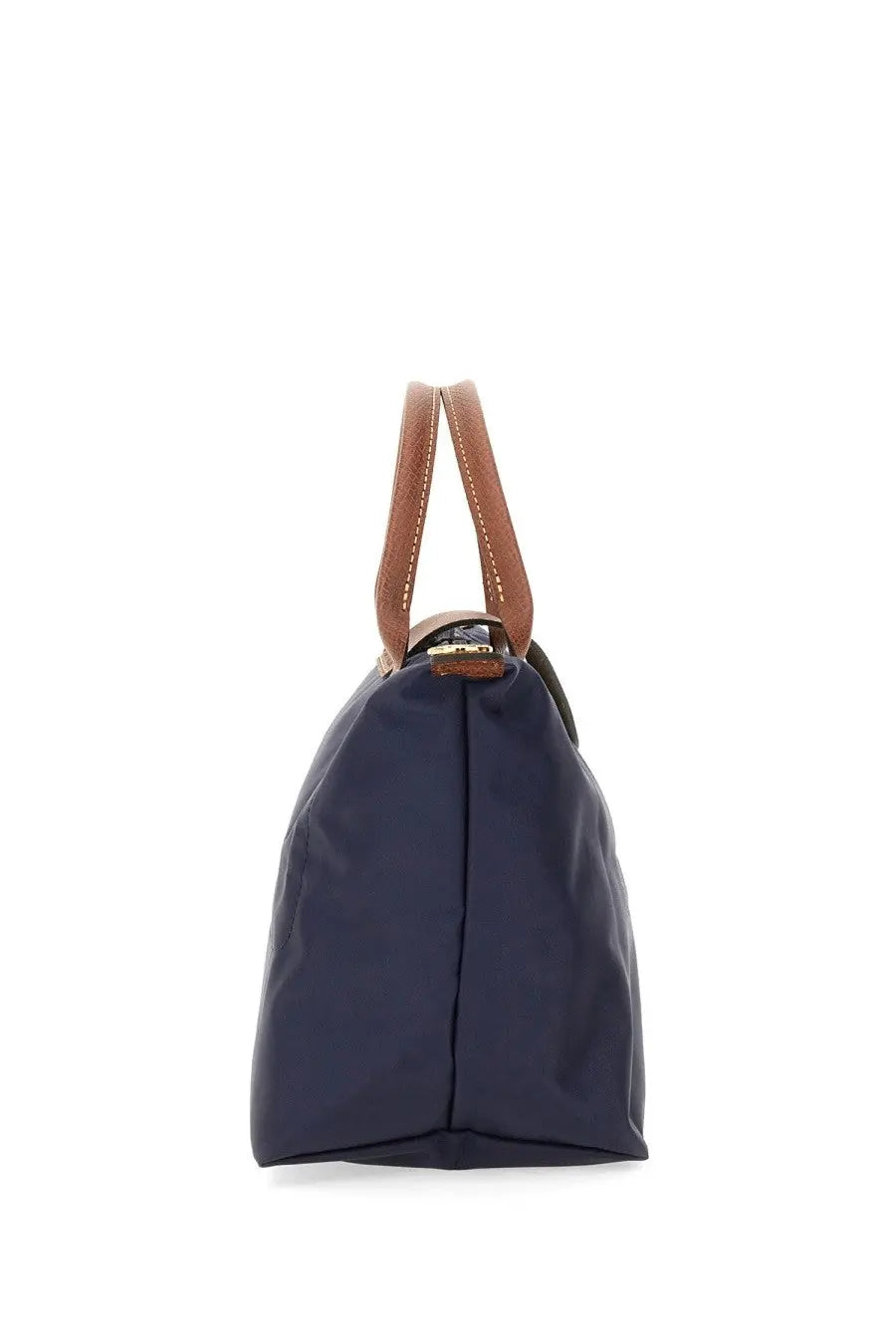 Longchamp women’s borsa le pliage small navy blue nylon tote bag with tan leather handles and gold-tone clasp