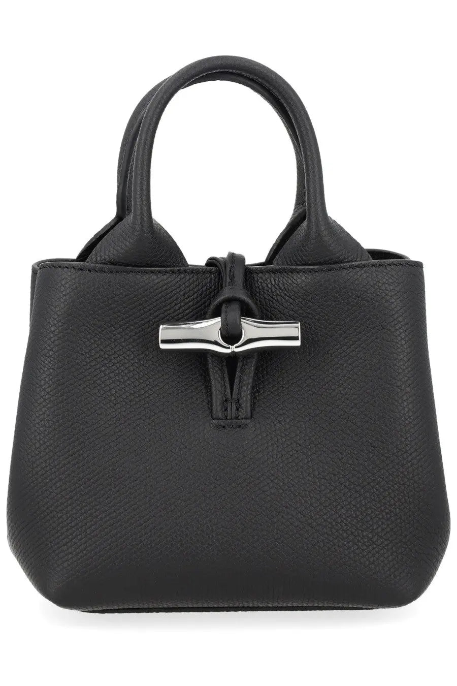 Longchamp women’s borsa mano le roseau2 black leather handbag with silver-tone metal clasp and top handles