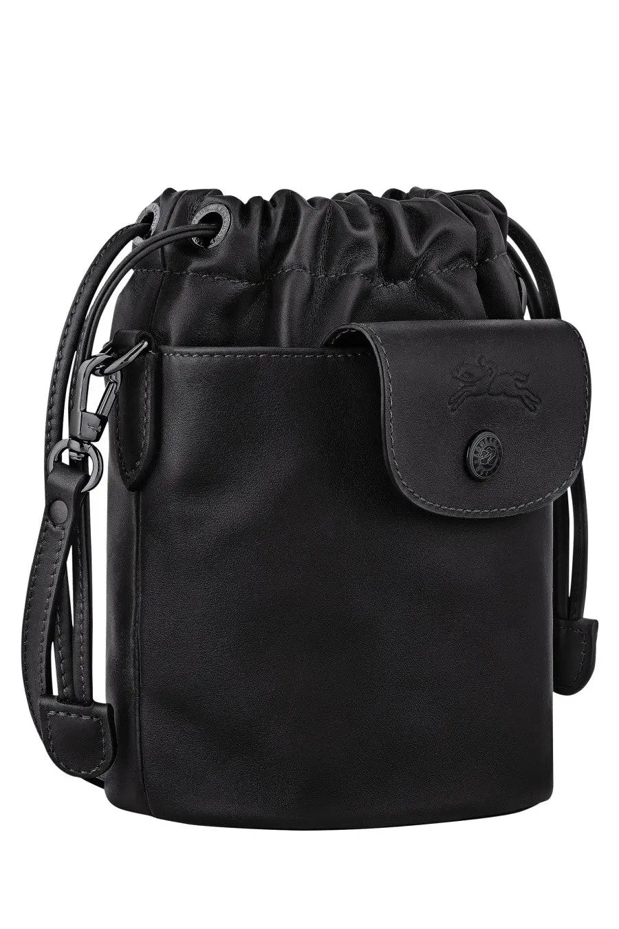Longchamp women’s borsa secchiello black leather bucket bag with drawstring top and front flap closure debossed logo